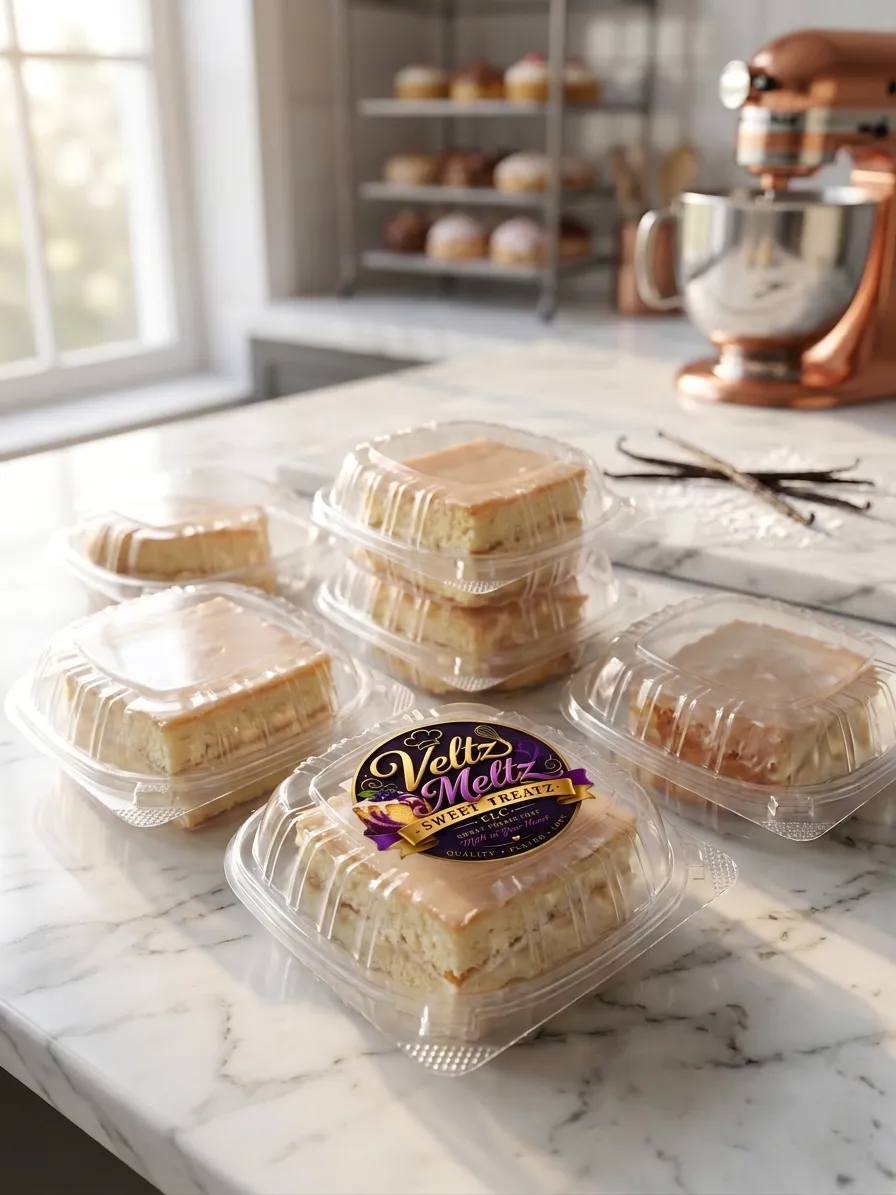 Signature Vanilla Melt organic cake on a marble kitchen counter