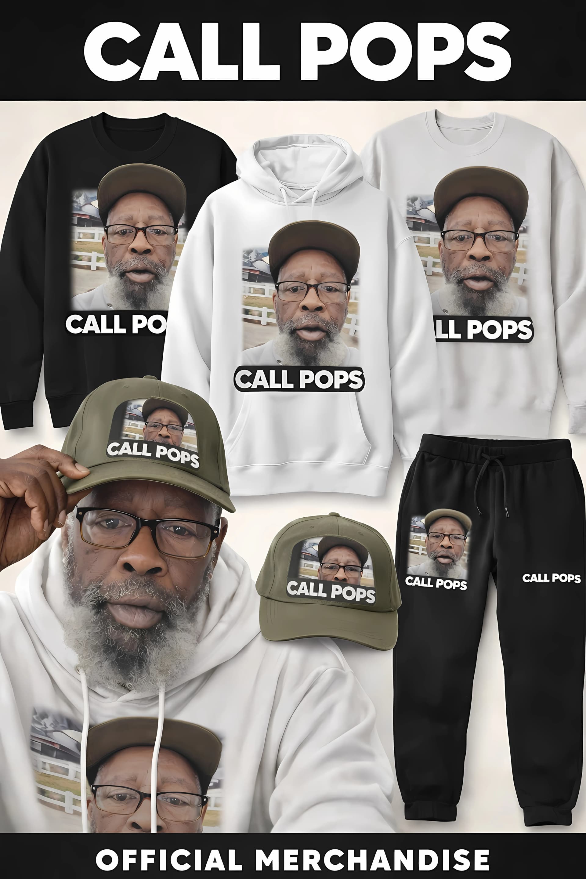 Official Call Pops Merchandise including hoodies and sweatpants